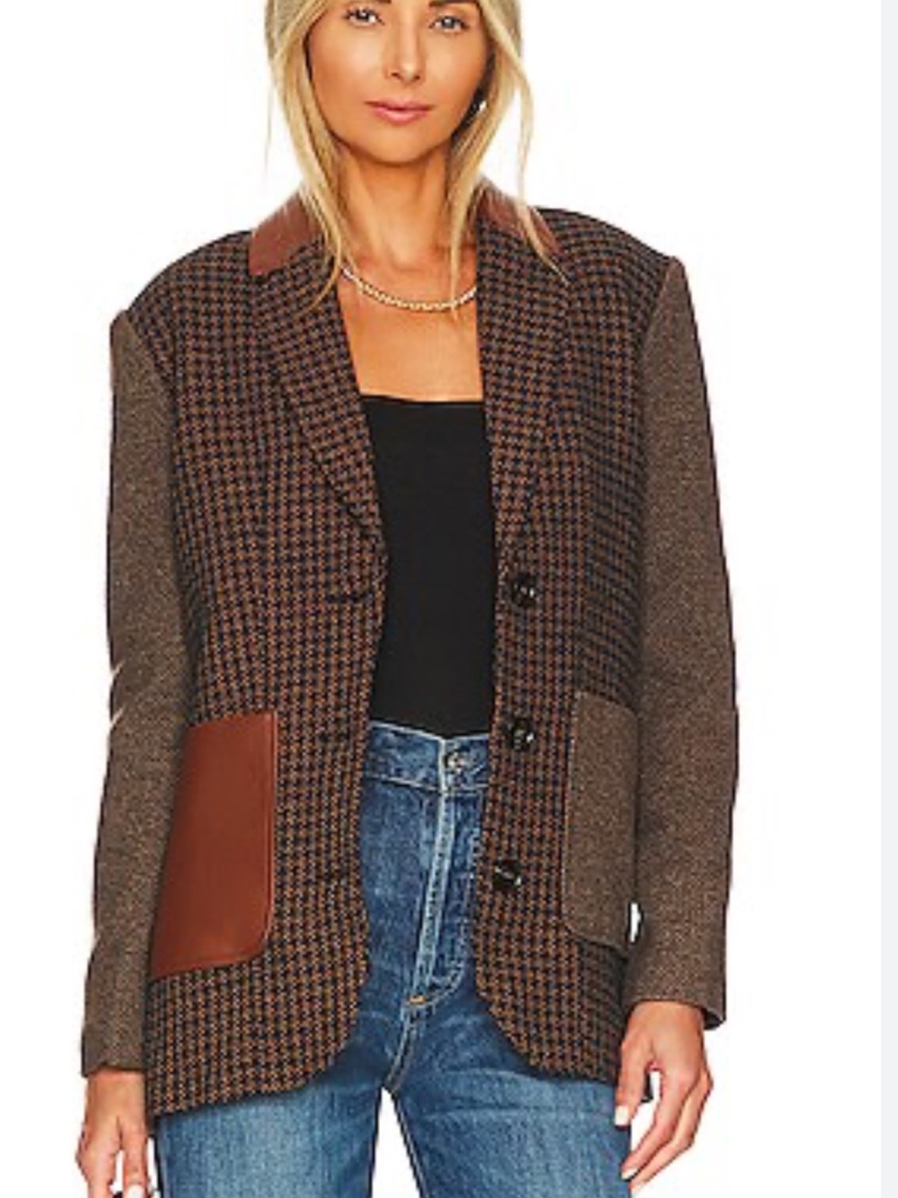 Steve Madden Brown Houndstooth Mixed-Media Blazer